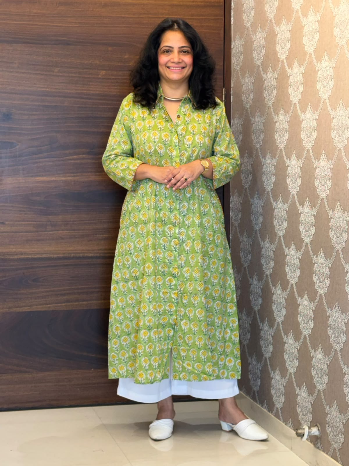 Lime Green With Yellow Floral Hand Block Printed Dabu Cotton A Line Kurti