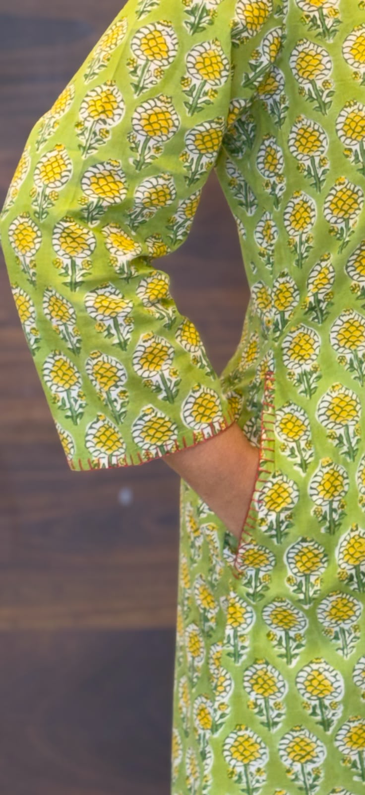 Lime Green With Yellow Floral Hand Block Printed Dabu Cotton A Line Kurti