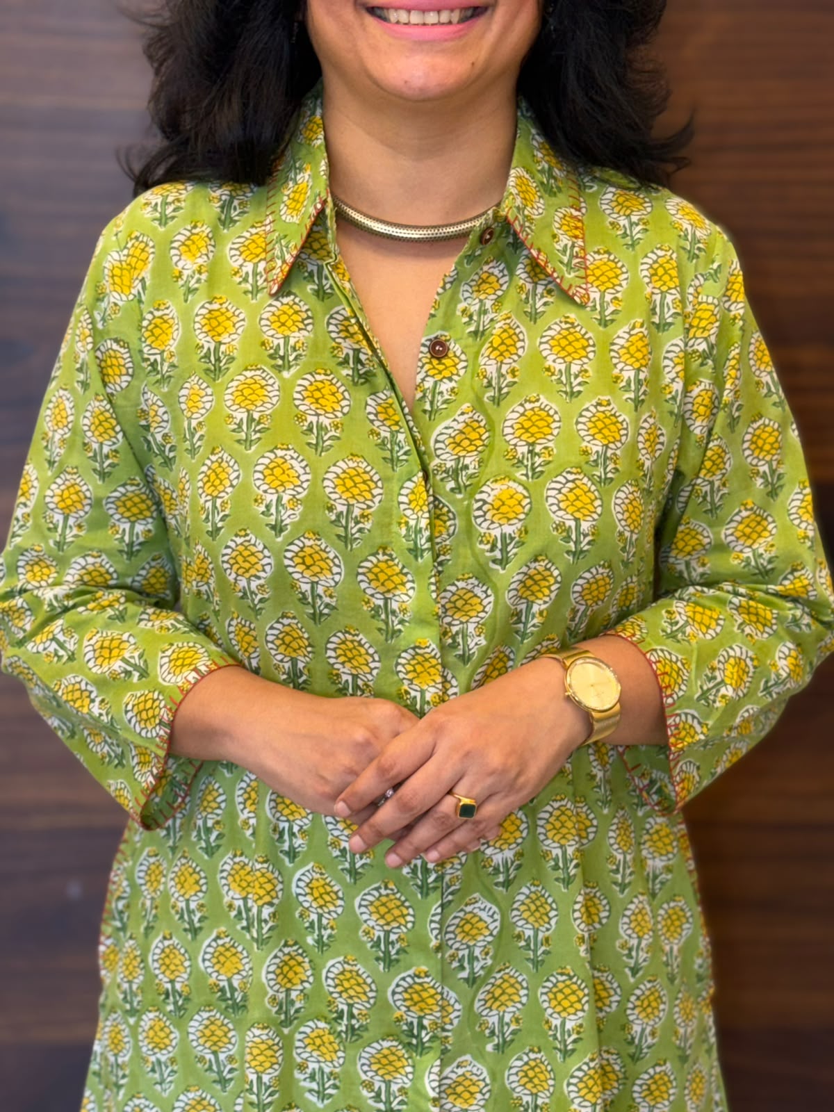 Lime Green With Yellow Floral Hand Block Printed Dabu Cotton A Line Kurti