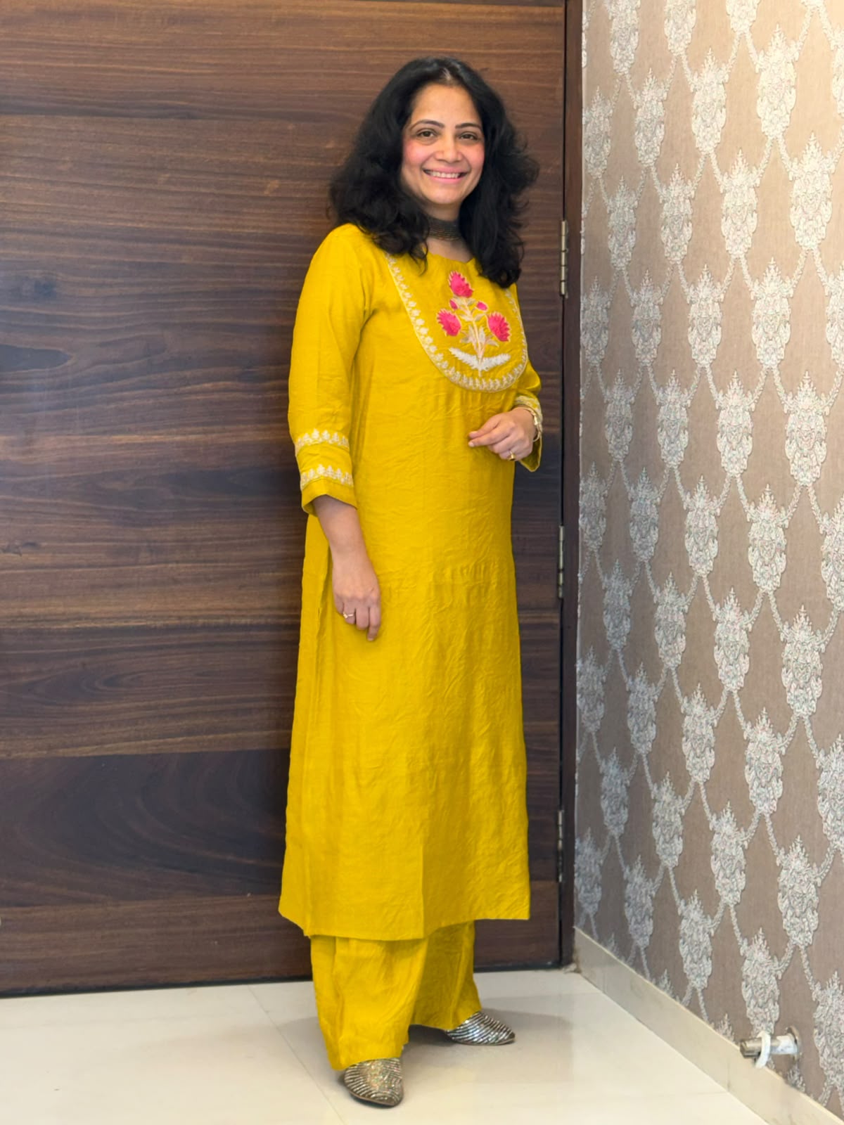 Mustard Colour Raw Silk Kurti-Pant Set