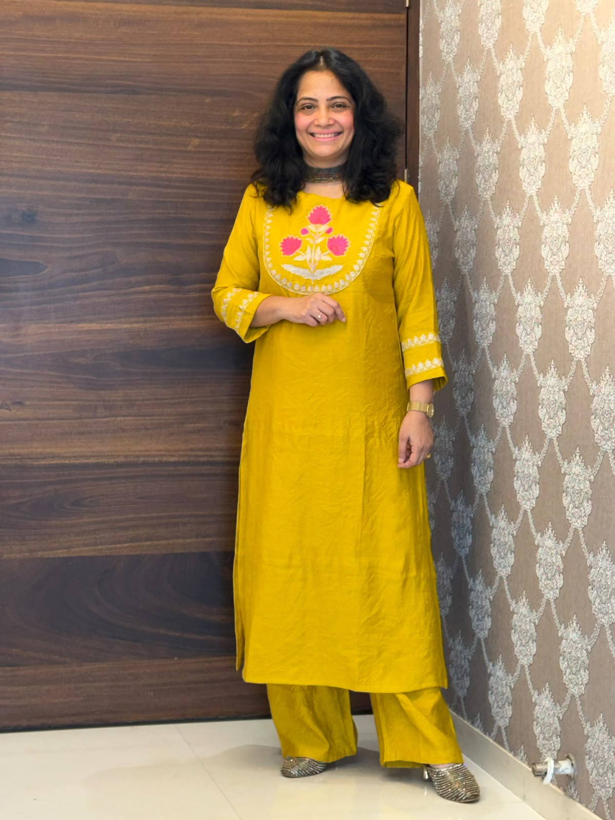 Mustard Colour Raw Silk Kurti-Pant Set