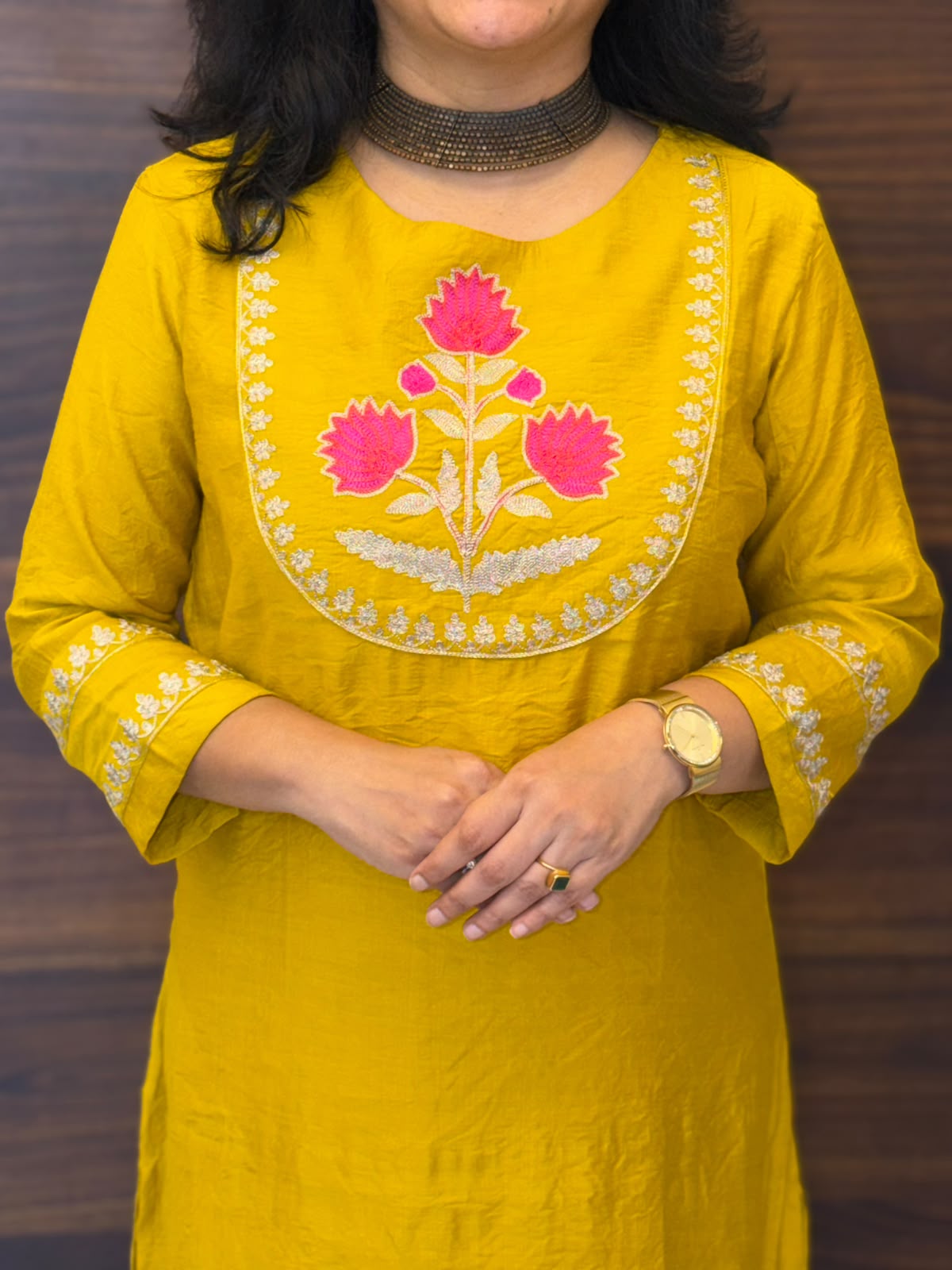 Mustard Colour Raw Silk Kurti-Pant Set