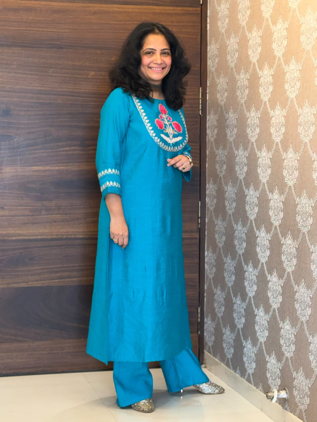 Peacock Blue Raw Silk Kurti-Pant Set