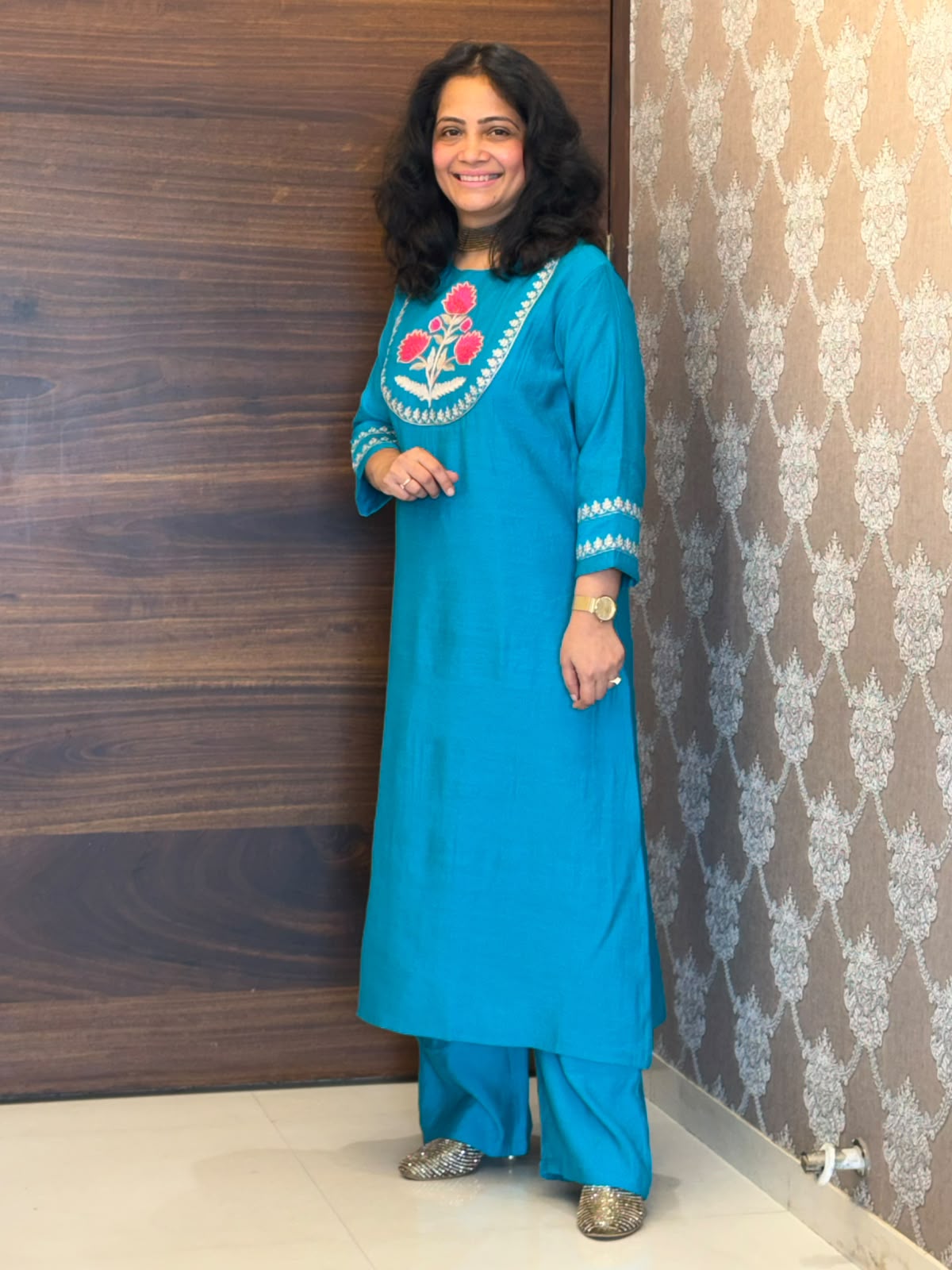 Peacock Blue Raw Silk Kurti-Pant Set