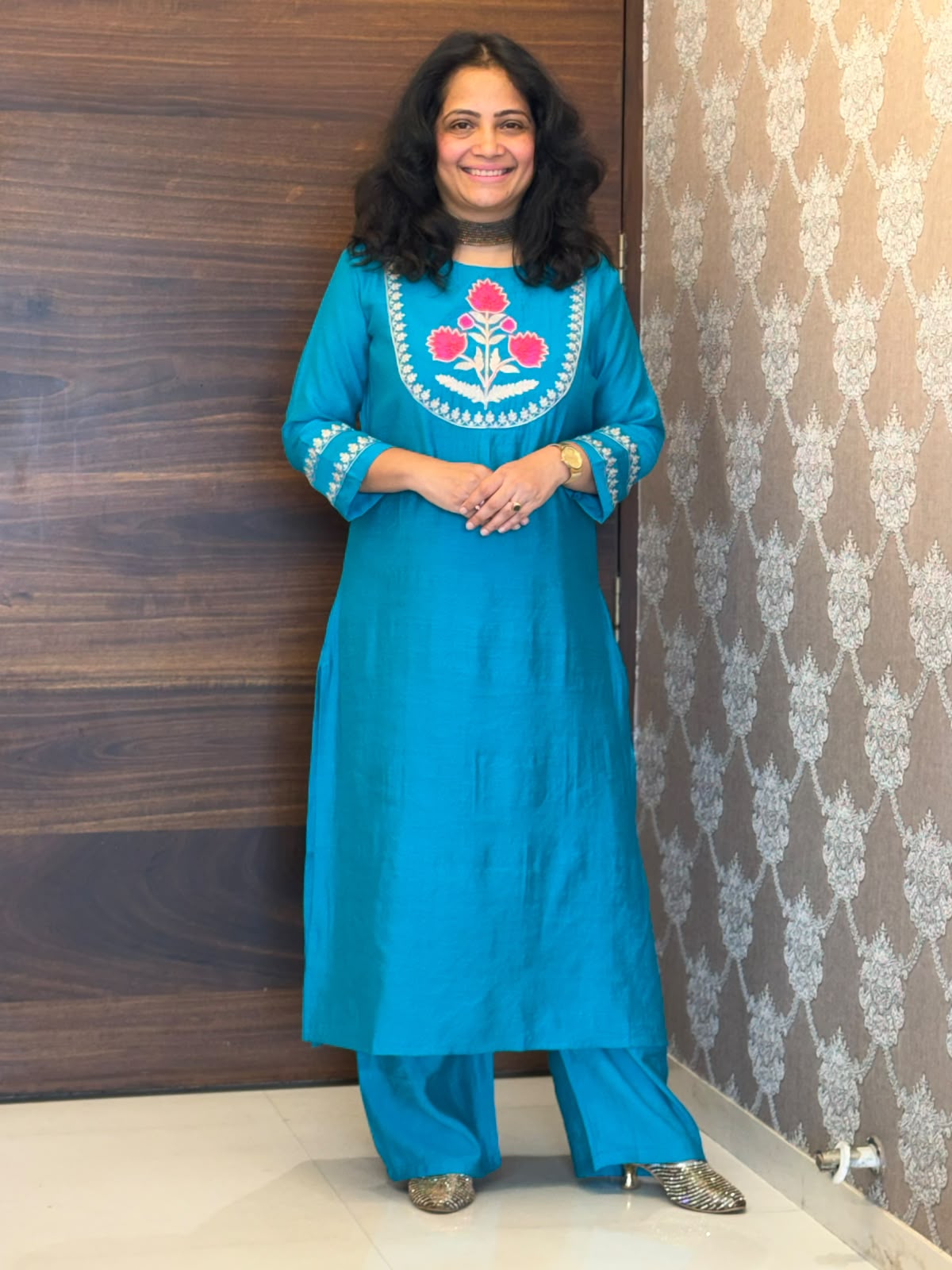 Peacock Blue Raw Silk Kurti-Pant Set