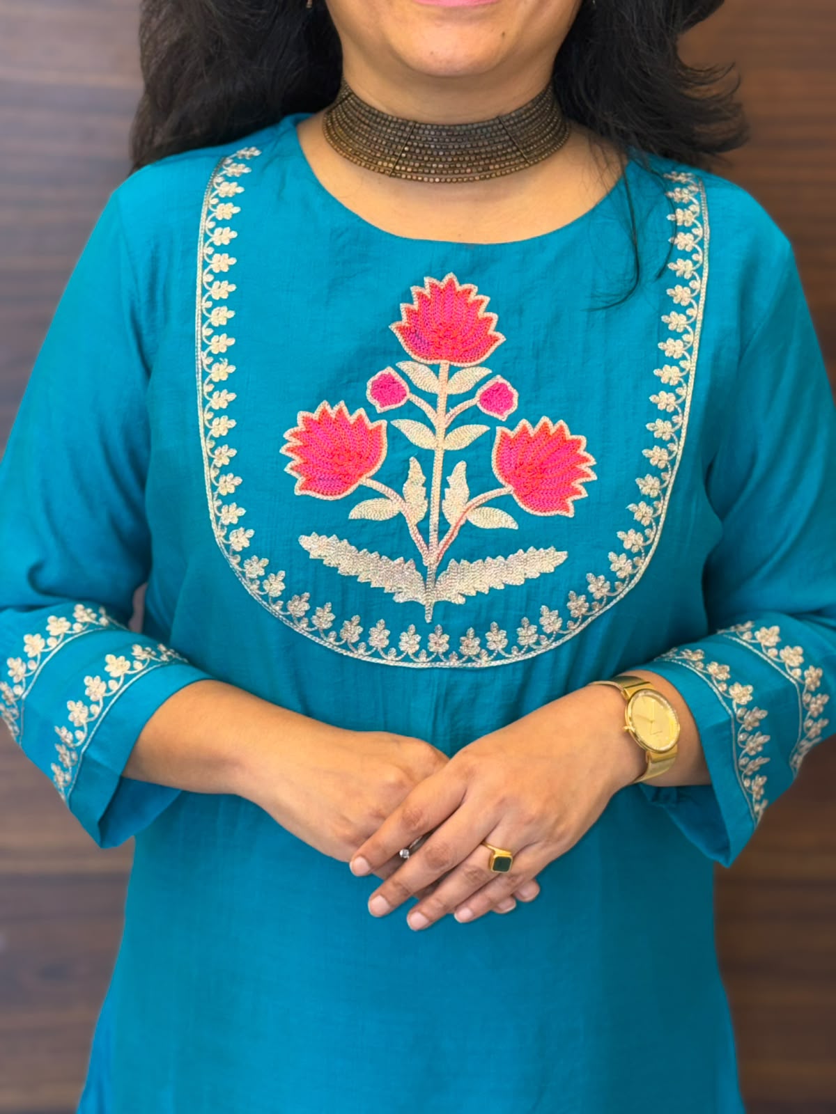 Peacock Blue Raw Silk Kurti-Pant Set