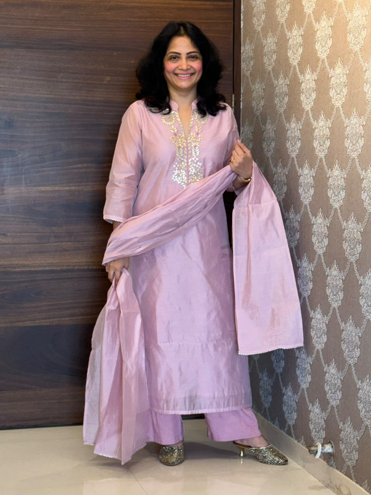 Motiya Pink Color Chanderi Dupatta Set