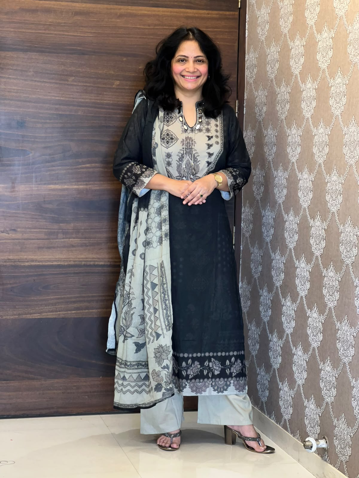 Digital Printed Deep Charcoal Grey Colour Pure Cotton Dupatta Set