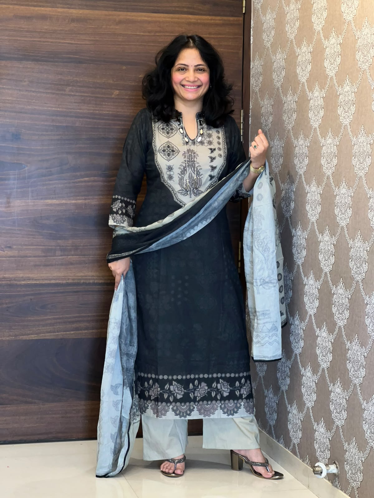 Digital Printed Deep Charcoal Grey Colour Pure Cotton Dupatta Set