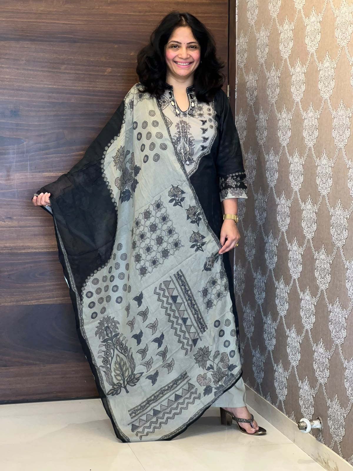 Digital Printed Deep Charcoal Grey Colour Pure Cotton Dupatta Set