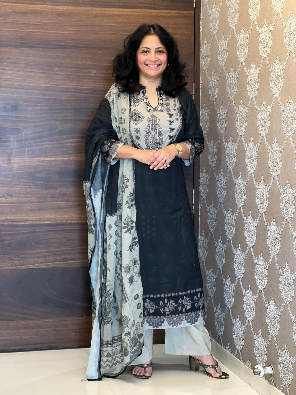 Digital Printed Deep Charcoal Grey Colour Pure Cotton Dupatta Set