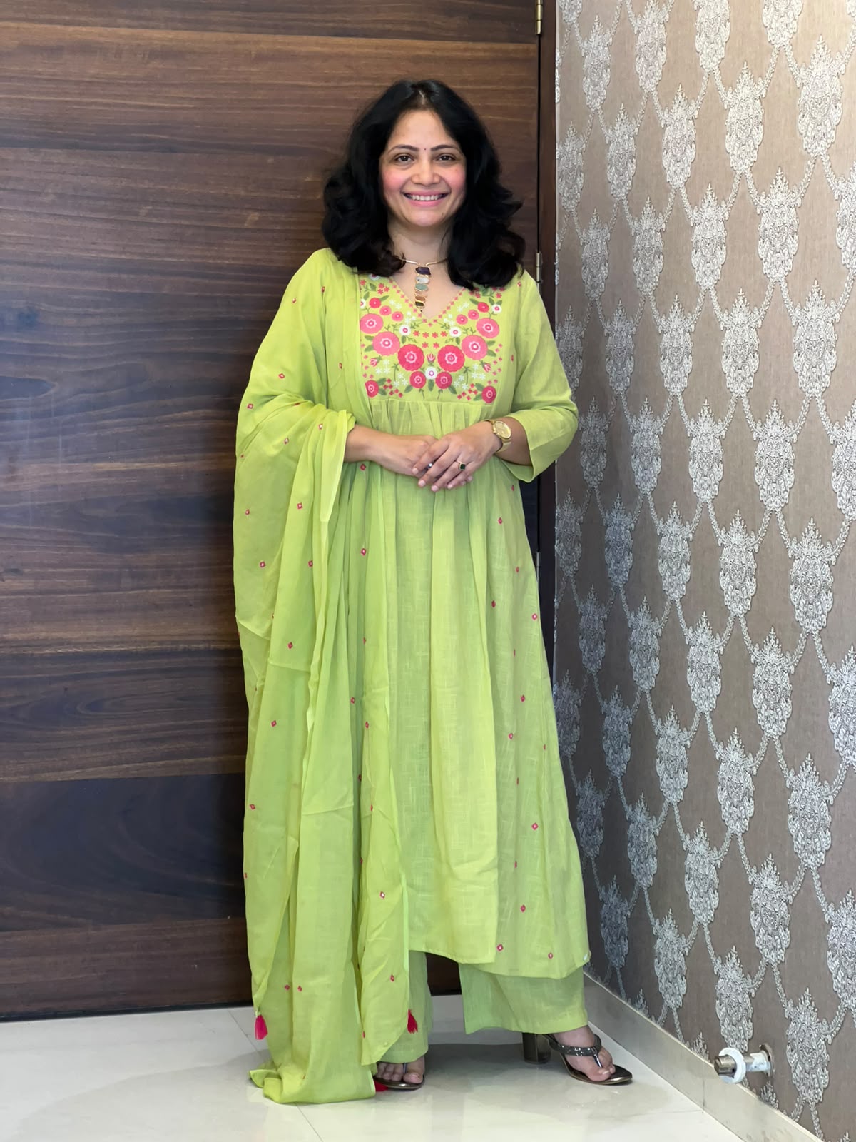 Pista Green Colour Cotton Flex Dupatta Set