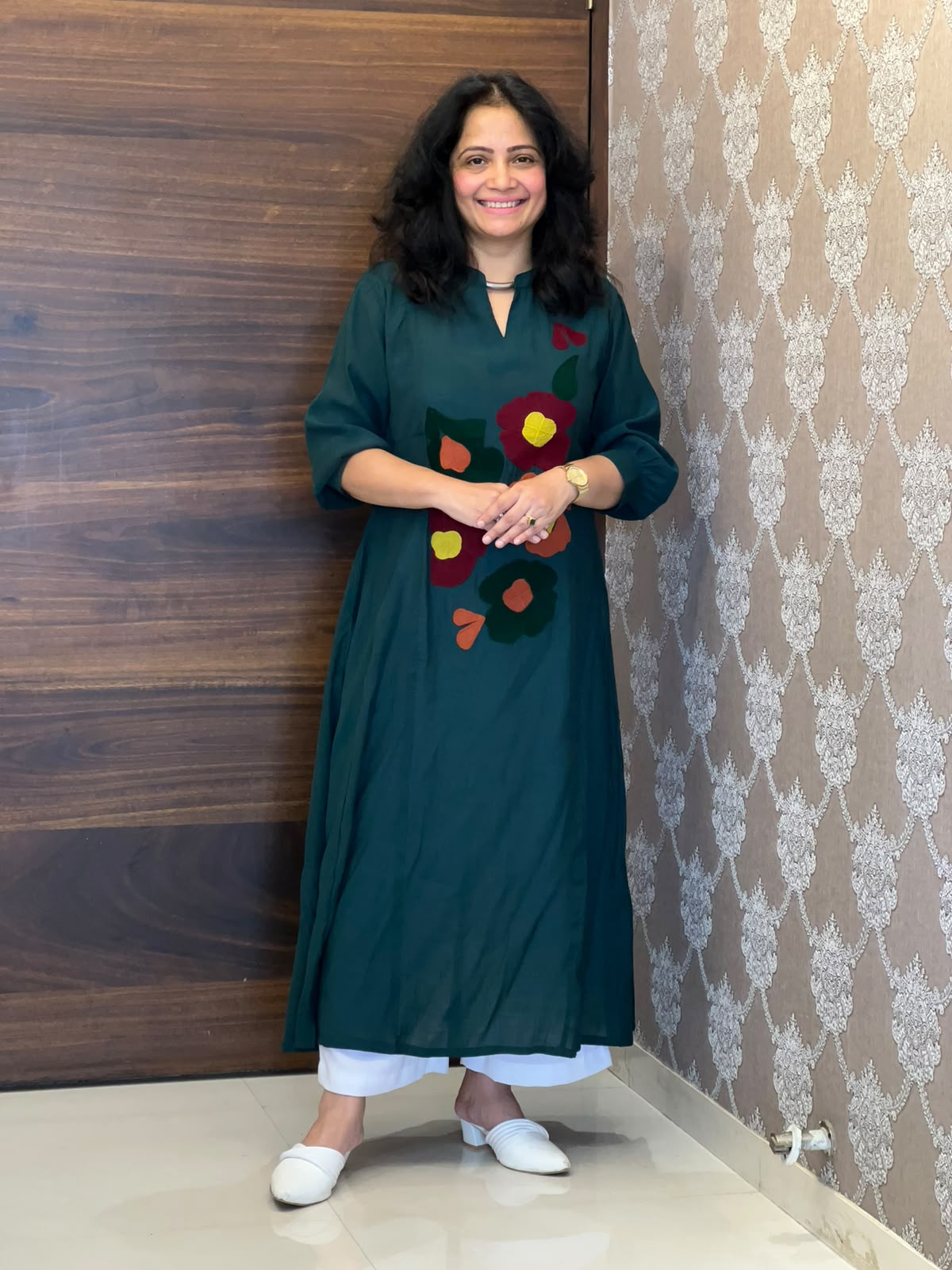 Teal Color Raw Silk A-Line Kurti