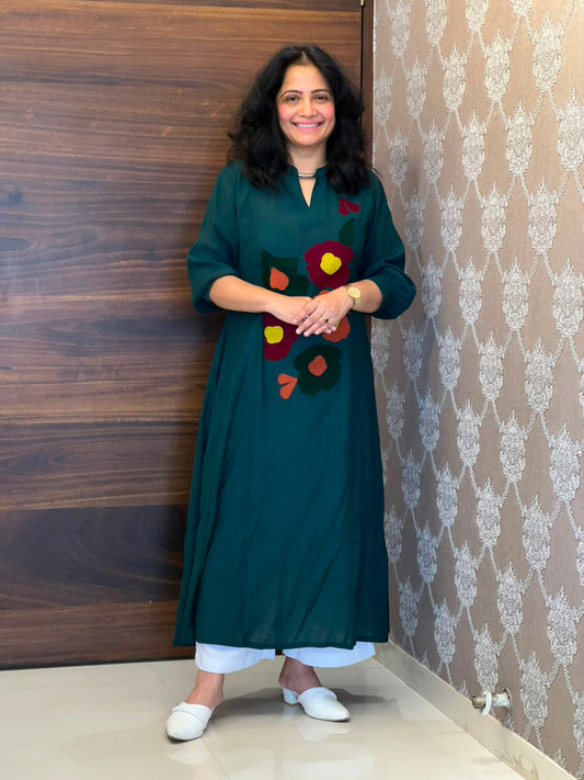 Teal Color Raw Silk A-Line Kurti