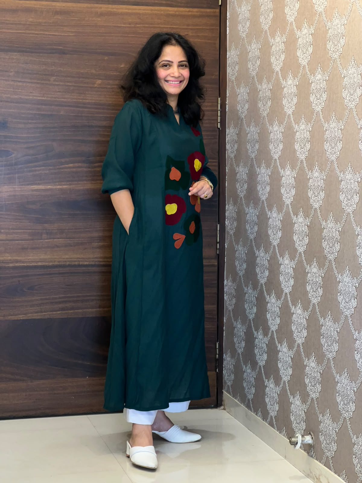 Teal Color Raw Silk A-Line Kurti