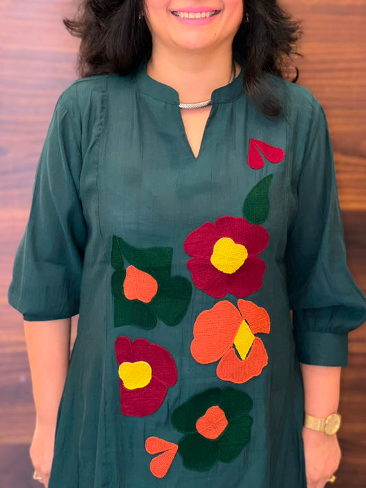 Teal Color Raw Silk A-Line Kurti