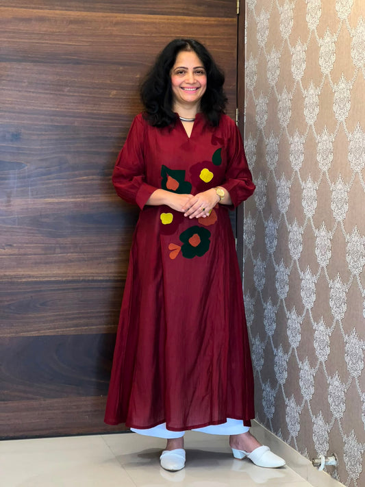 Maroon Color Raw Silk A-Line Kurti