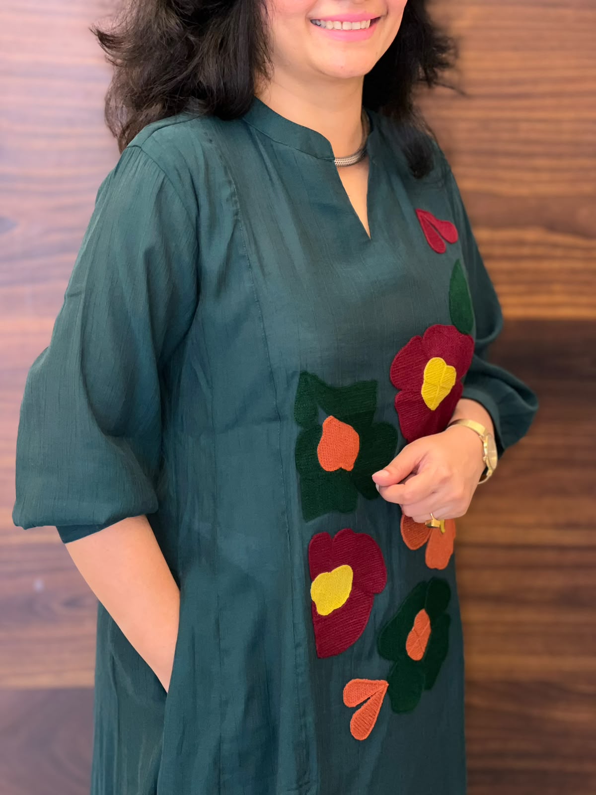 Teal Color Raw Silk A-Line Kurti