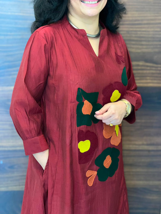 Maroon Color Raw Silk A-Line Kurti