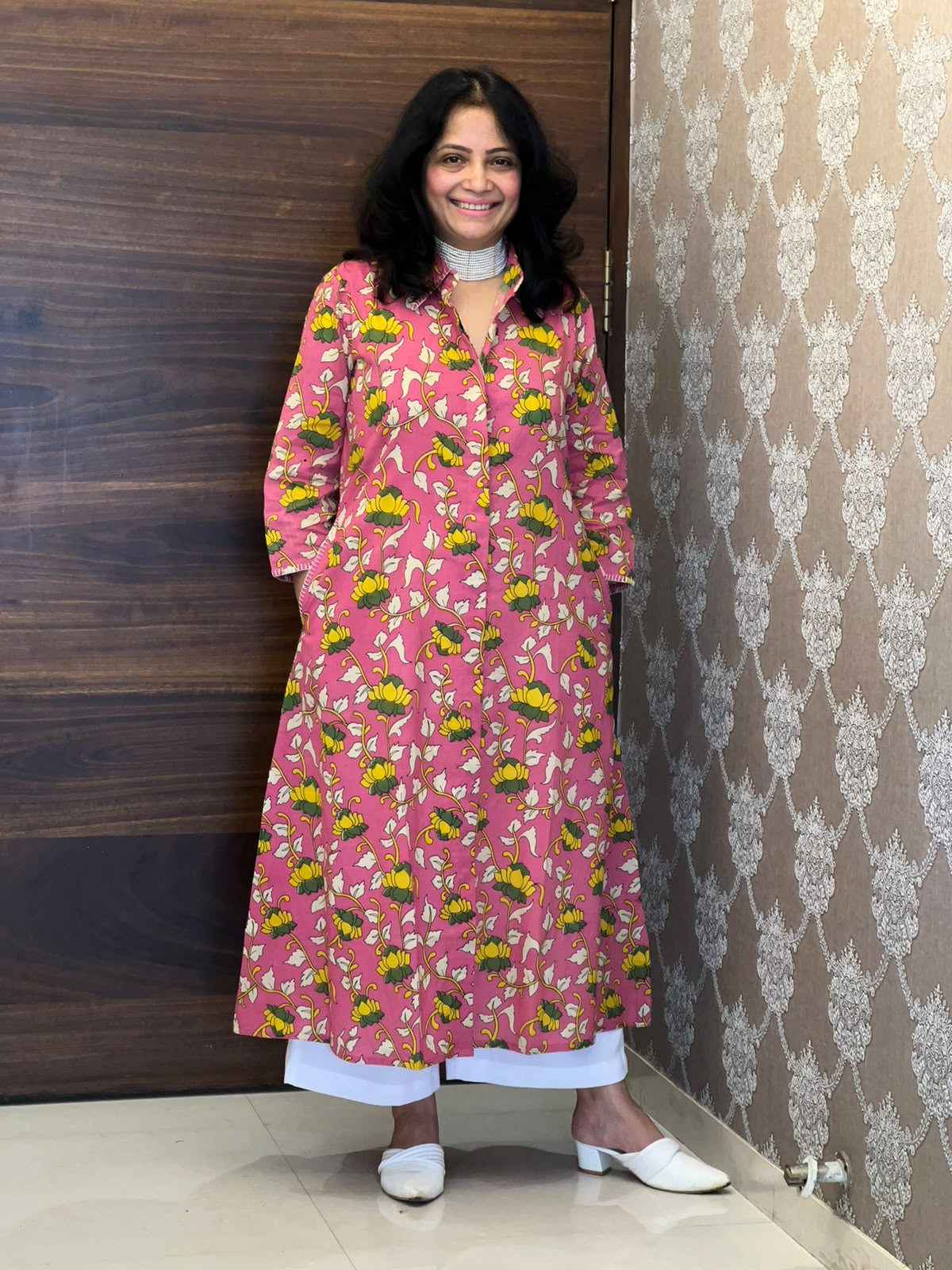 Pink Colour Kalamkari Cotton A Line Kurti