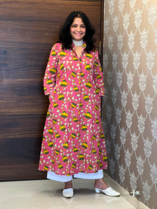 Pink Colour Kalamkari Cotton A Line Kurti