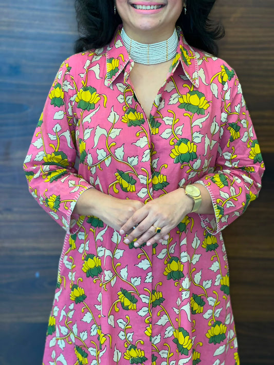 Pink Colour Kalamkari Cotton A Line Kurti
