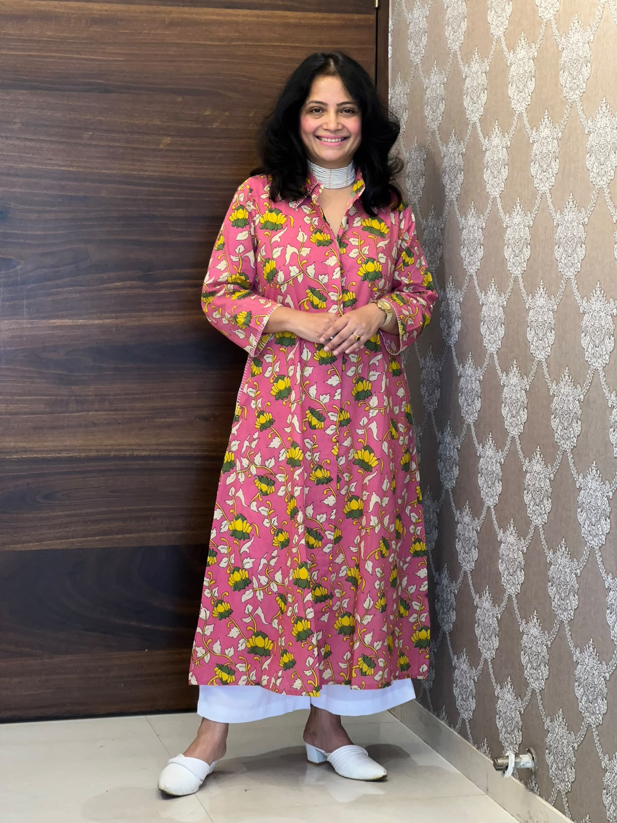 Pink Colour Kalamkari Cotton A Line Kurti
