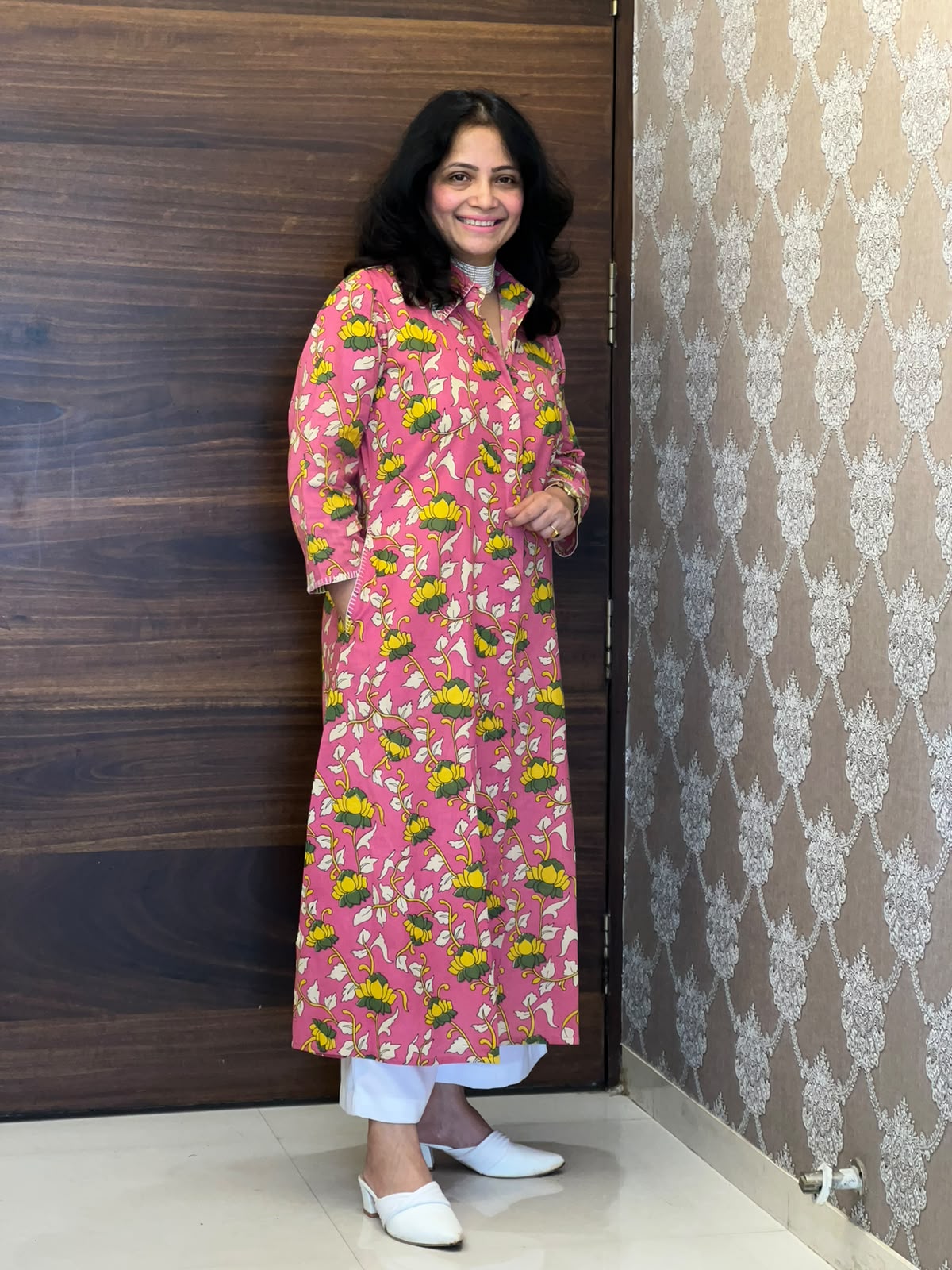 Pink Colour Kalamkari Cotton A Line Kurti