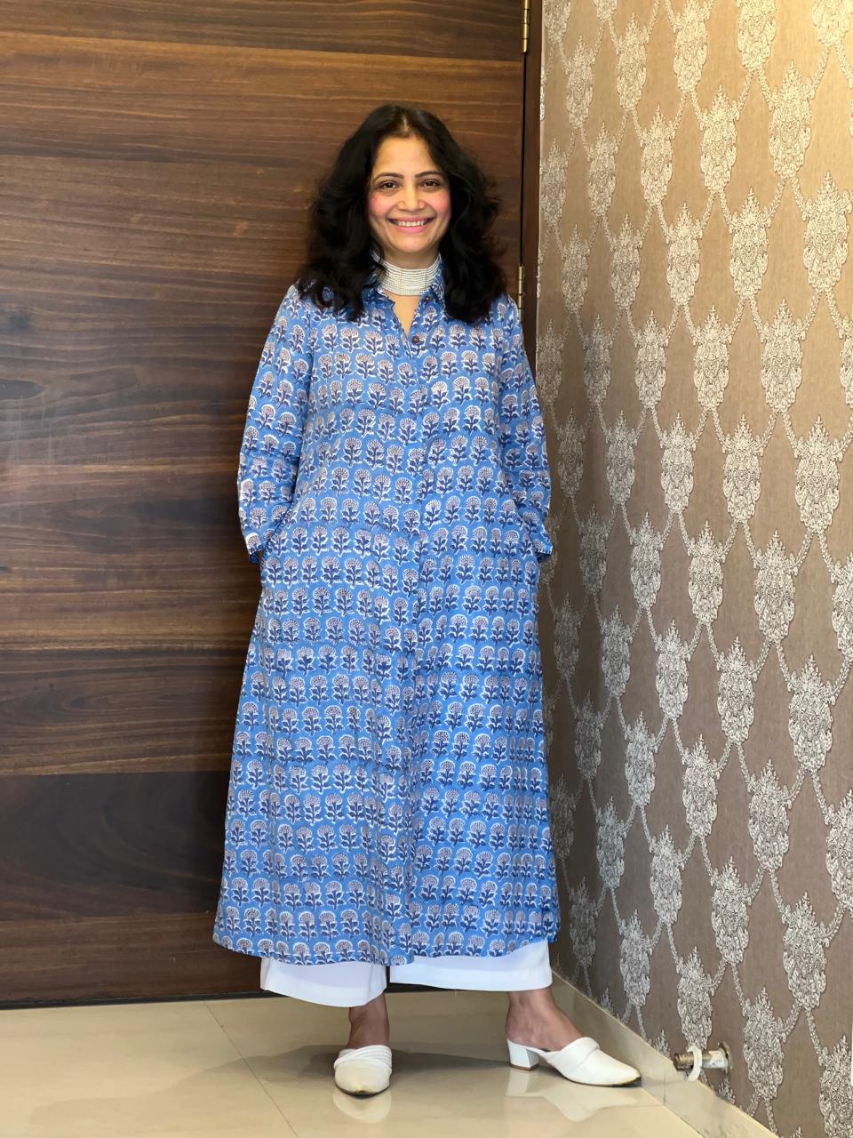 Cornflower Blue Hand Block Printed Pure Cotton A Line Kurti