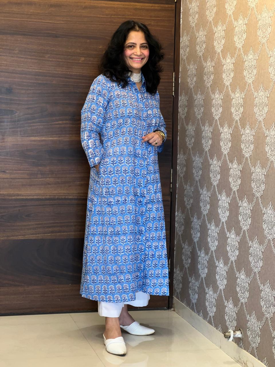 Cornflower Blue Hand Block Printed Pure Cotton A Line Kurti