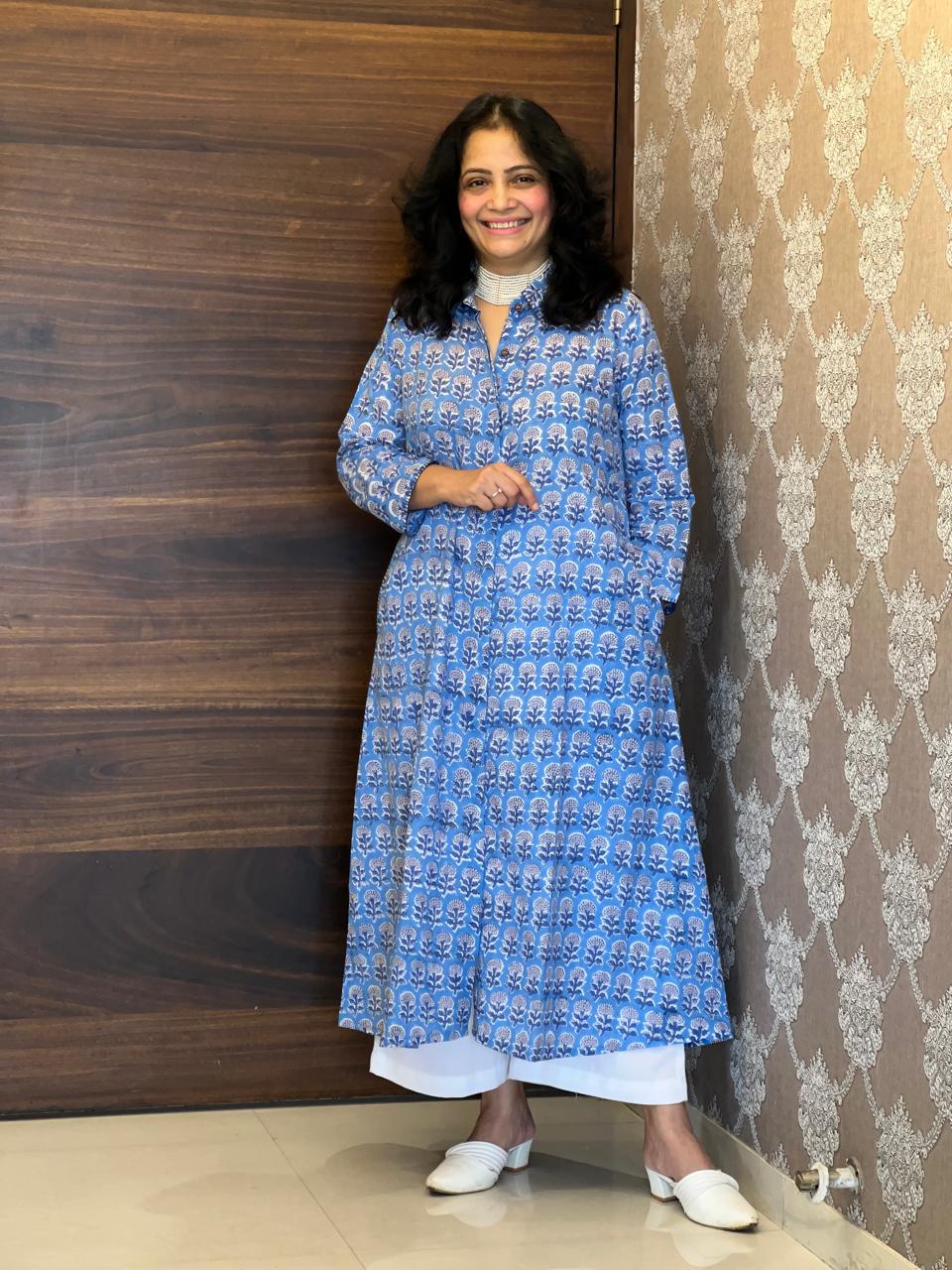Cornflower Blue Hand Block Printed Pure Cotton A Line Kurti