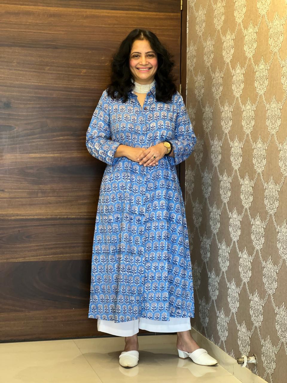 Cornflower Blue Hand Block Printed Pure Cotton A Line Kurti