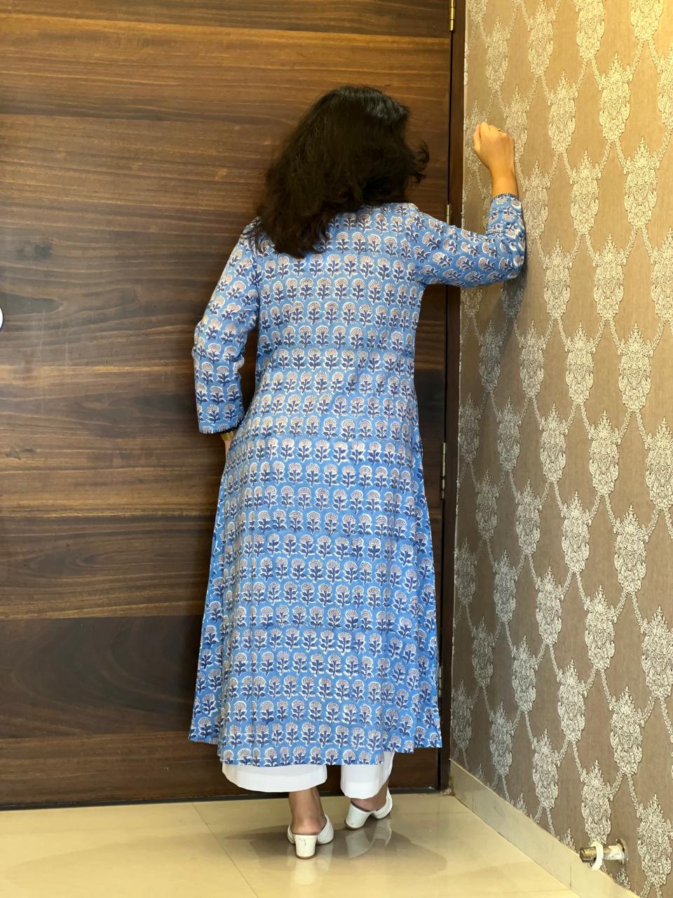 Cornflower Blue Hand Block Printed Pure Cotton A Line Kurti