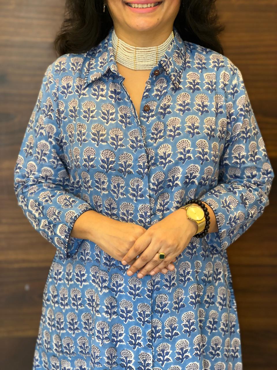 Cornflower Blue Hand Block Printed Pure Cotton A Line Kurti