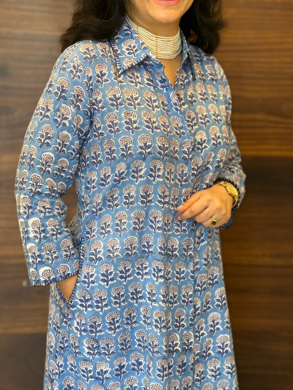 Cornflower Blue Hand Block Printed Pure Cotton A Line Kurti