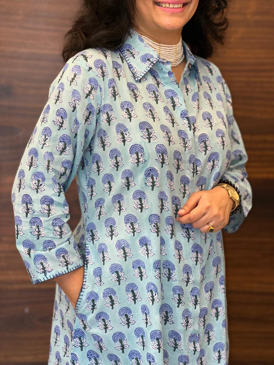 Sky Blue Hand Block Printed Pure Cotton A Line Kurti