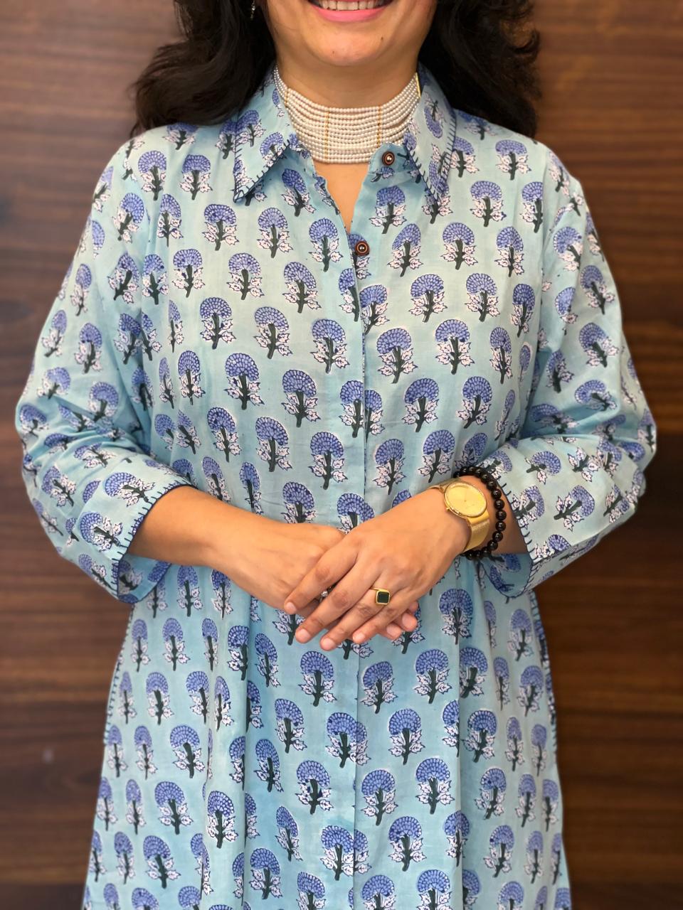 Sky Blue Hand Block Printed Pure Cotton A Line Kurti