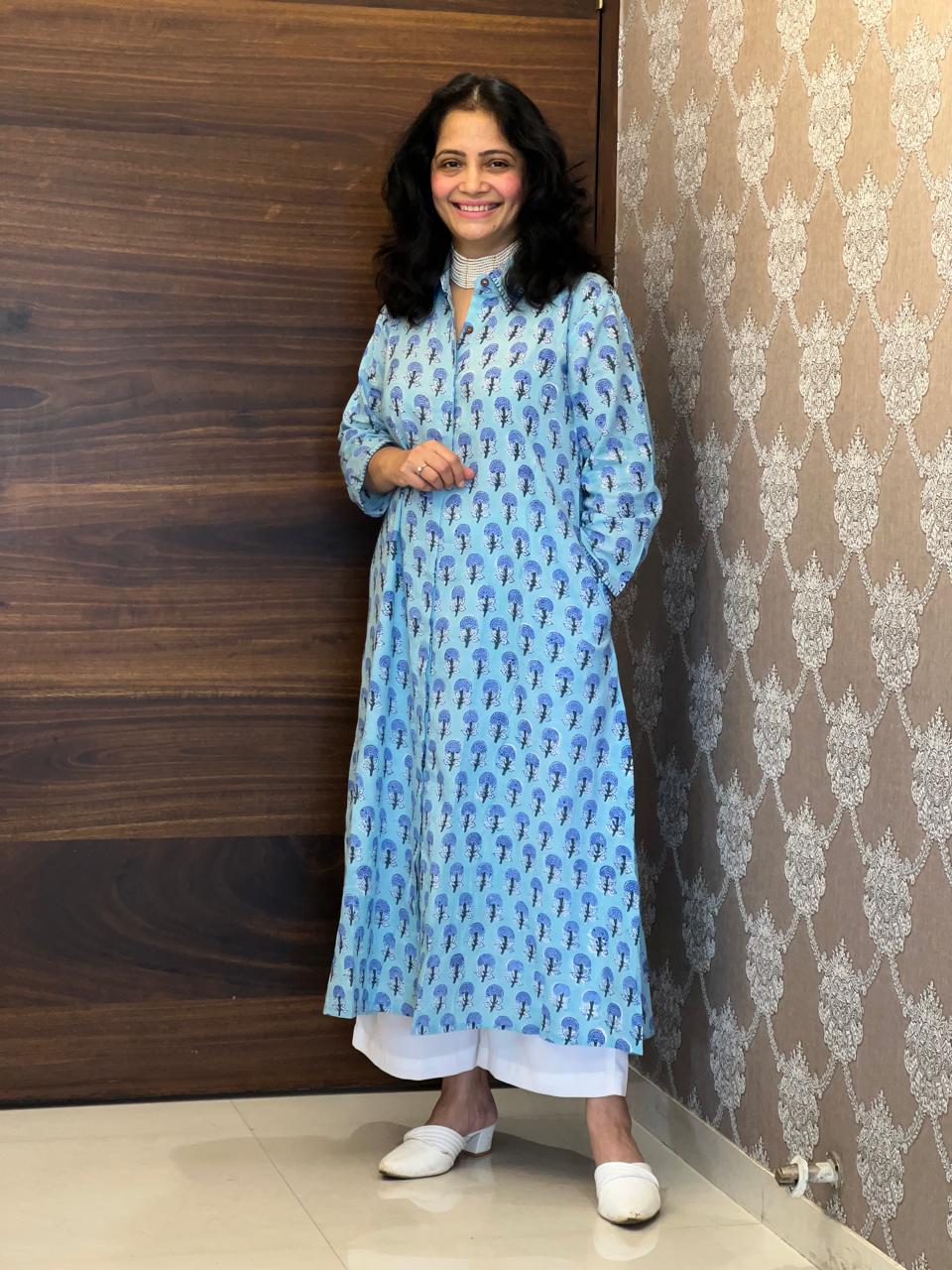Sky Blue Hand Block Printed Pure Cotton A Line Kurti