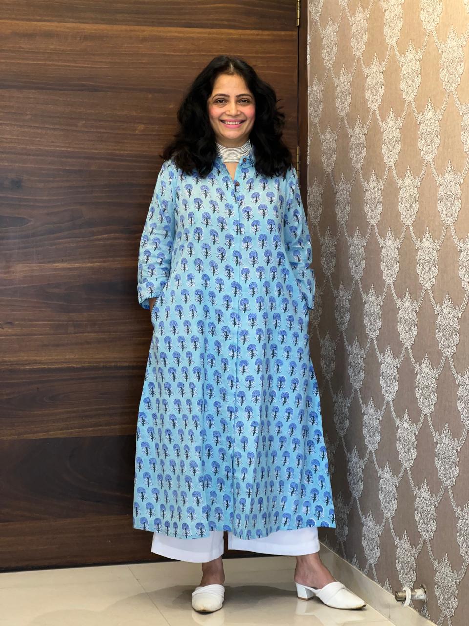 Sky Blue Hand Block Printed Pure Cotton A Line Kurti