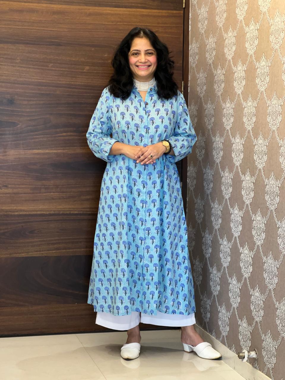 Sky Blue Hand Block Printed Pure Cotton A Line Kurti