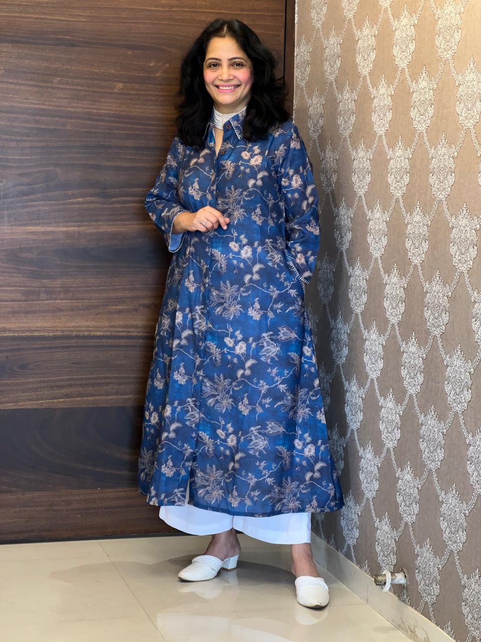 Deep Denim Blue Digital Printed Line Blend A Line Kurti