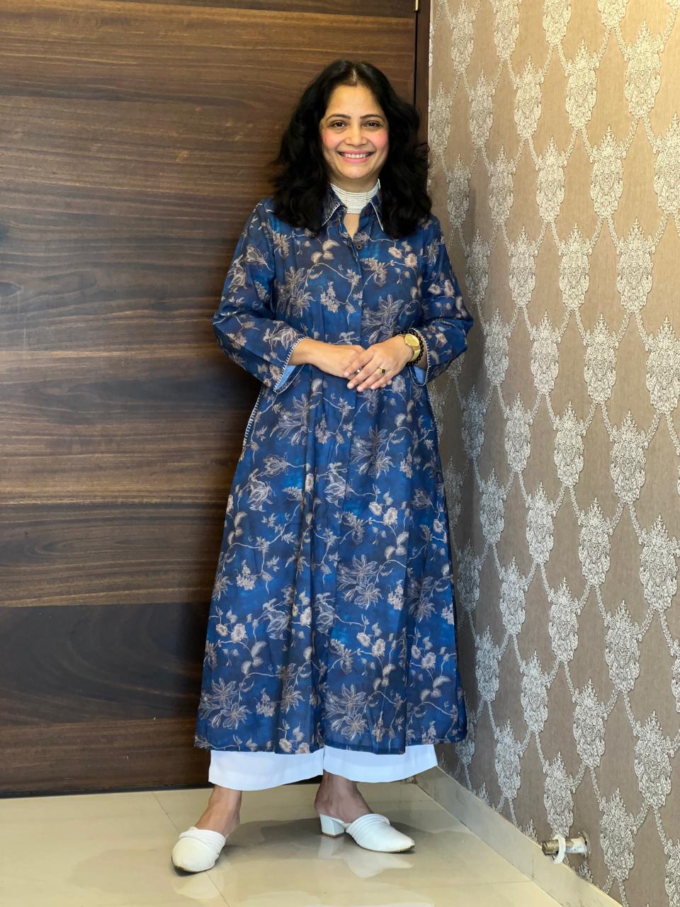 Deep Denim Blue Digital Printed Line Blend A Line Kurti