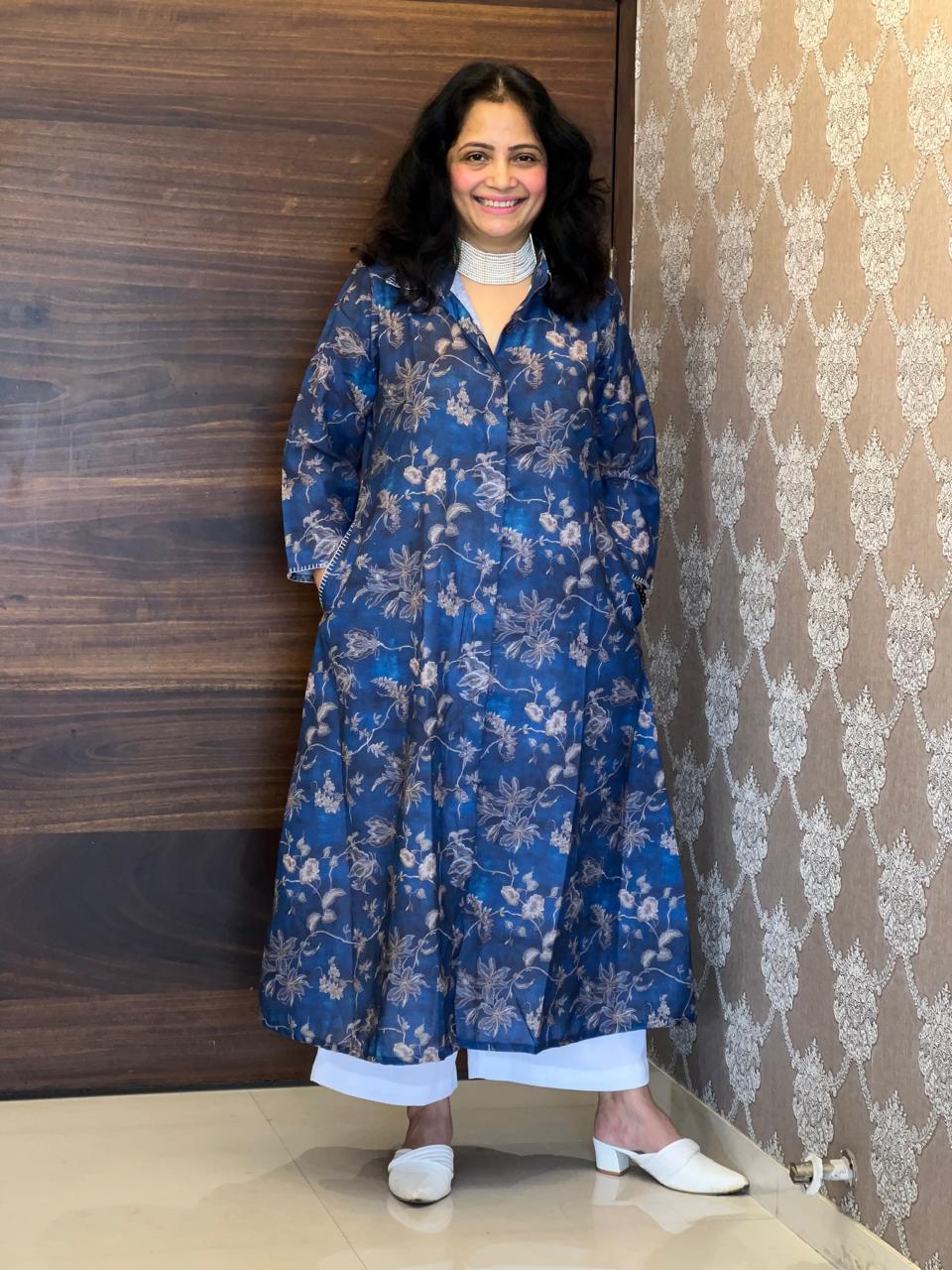 Deep Denim Blue Digital Printed Line Blend A Line Kurti