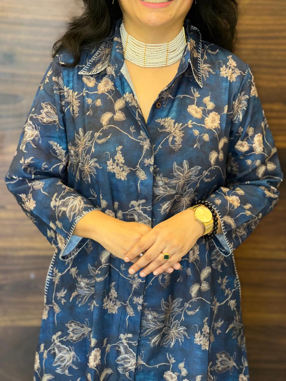 Deep Denim Blue Digital Printed Line Blend A Line Kurti