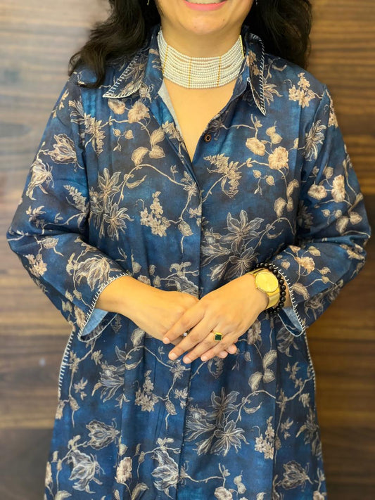 Deep Denim Blue Digital Printed Line Blend A Line Kurti