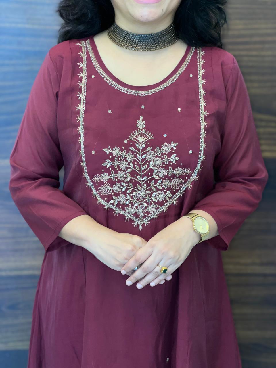 Wine Color Mul Chanderi Dupatta Set