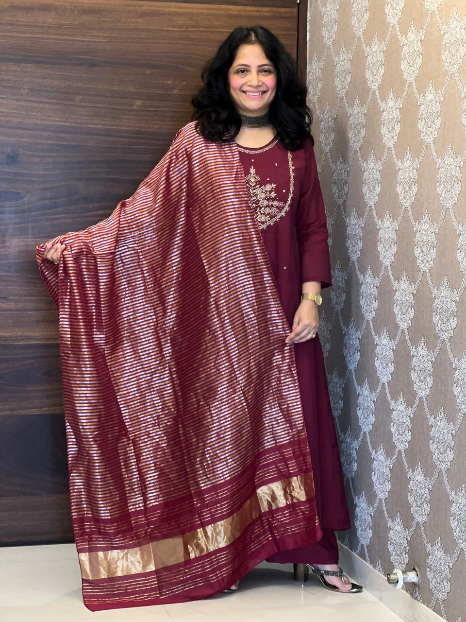 Wine Color Mul Chanderi Dupatta Set