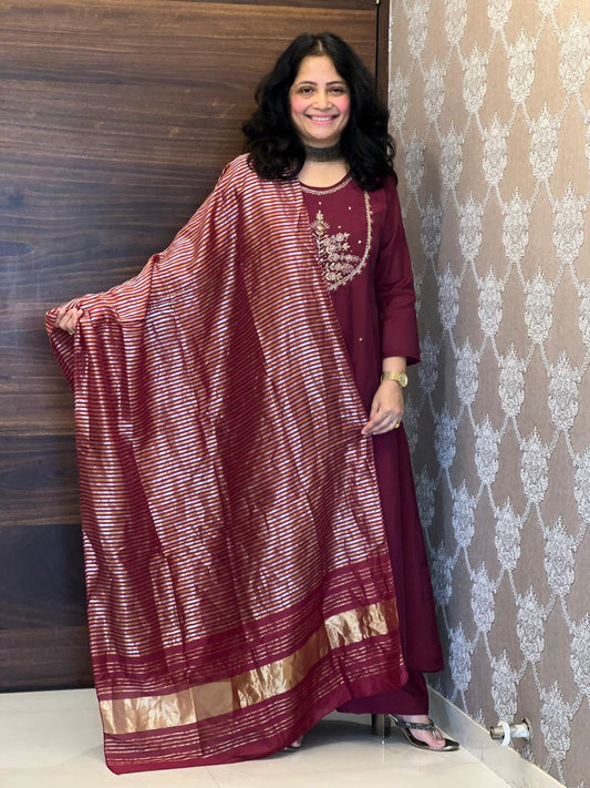 Wine Color Mul Chanderi Dupatta Set