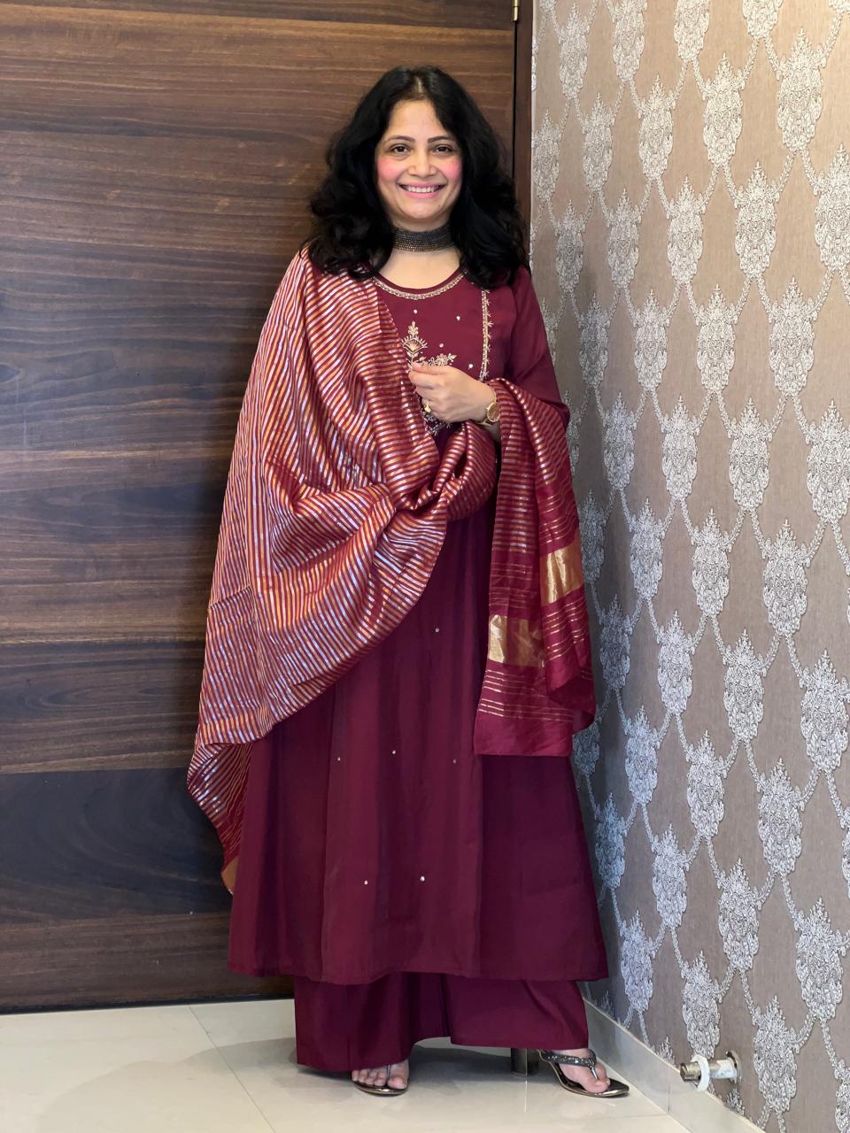 Wine Color Mul Chanderi Dupatta Set