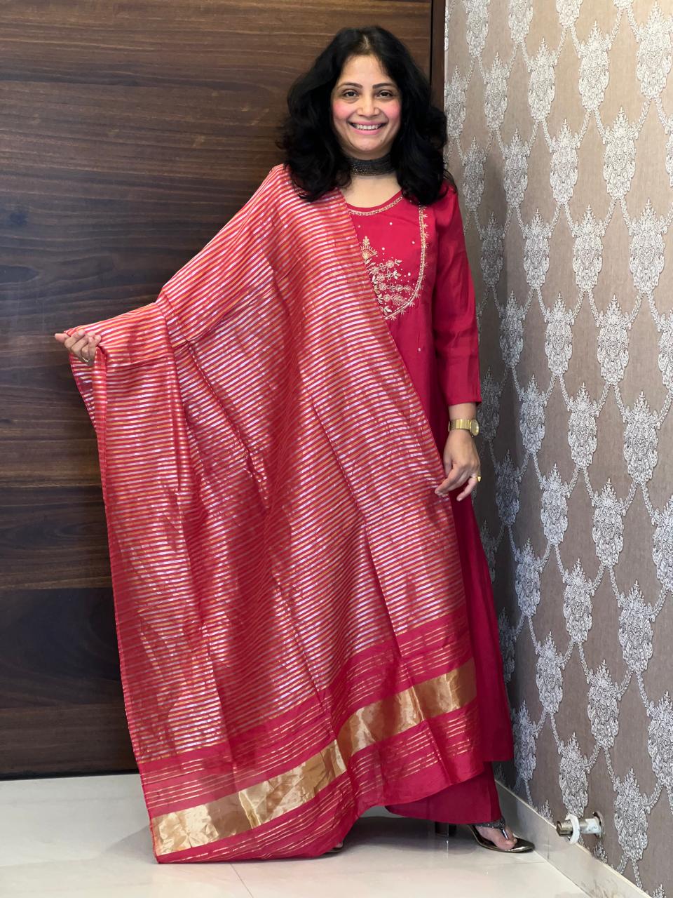 Hot Pink Color Mul Chanderi Dupatta Set